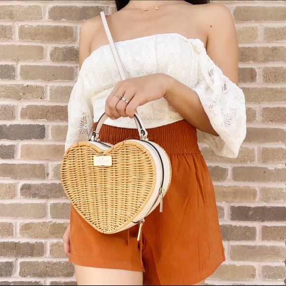 Kate Spade Love Shack Wicker Heart Crossbody Neutral Parchment - Picture 2 of 11